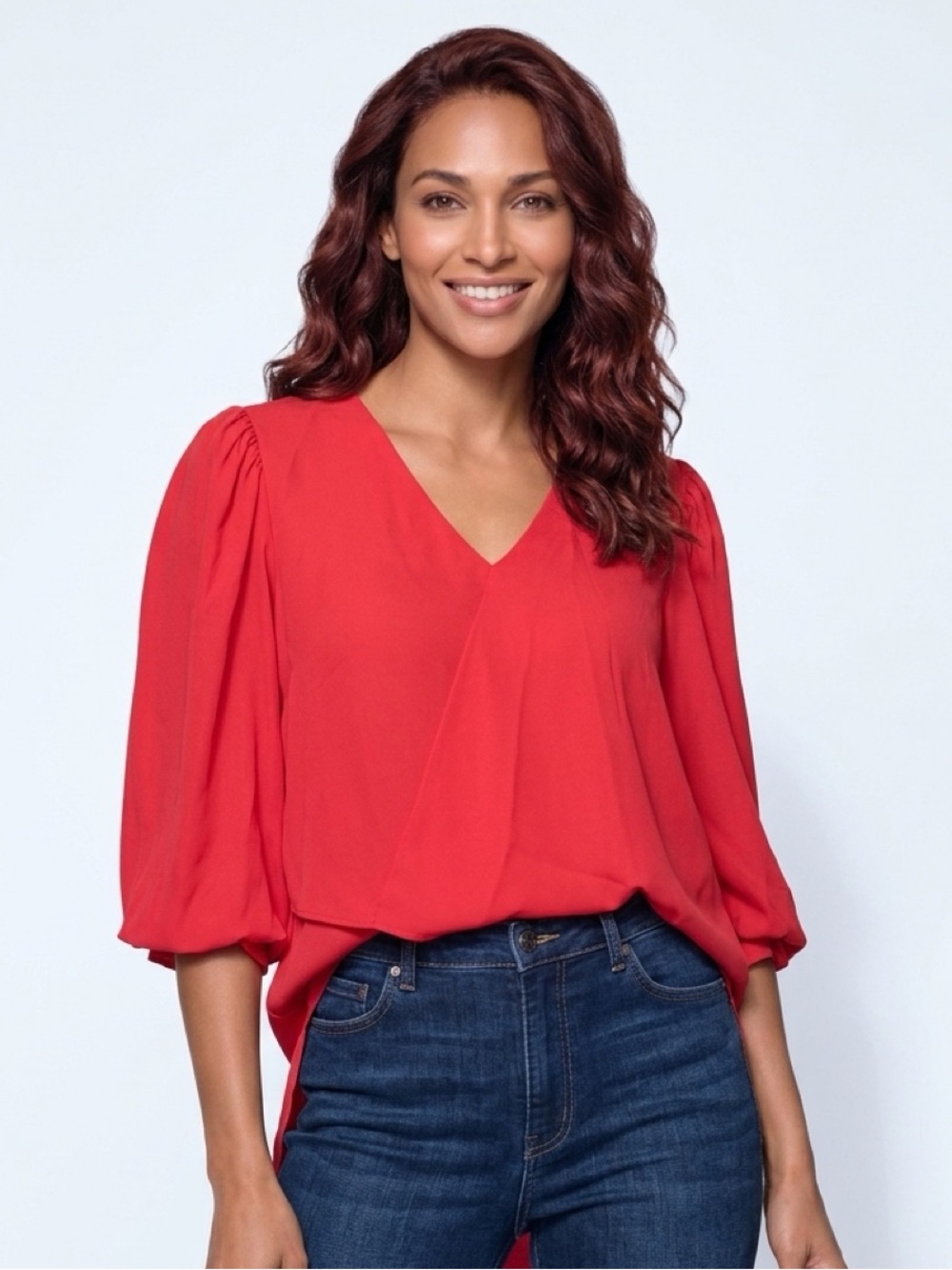 Karen Kane Rosy Rebel Red Layered V Neck Blouse Top Medium NWT Made USA